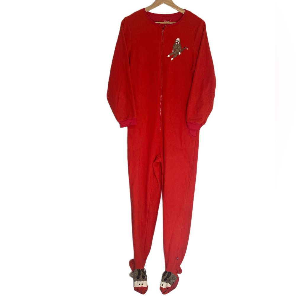 Nick & Nora Sock Monkey One Piece Footie Fleece Pajamas Sleepwear Size M Red